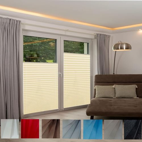 Klemmfix Plissee Ohne Bohren 25 x 210 cm Montage Sichtschutz und Sonnenschutz Plisseerollos Faltrollo Jalousie mit Klemmträger für Tür & Fenster, Beige