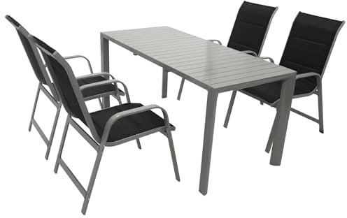DEGAMO Gartengarnitur BAGO 5-teilig, 4X Stapelsessel aus Aluminium Silbergrau und Textilgewebe gepolstert in schwarz + 1x Ausziehtisch Aluminium120/162x70cm, Silbergrau