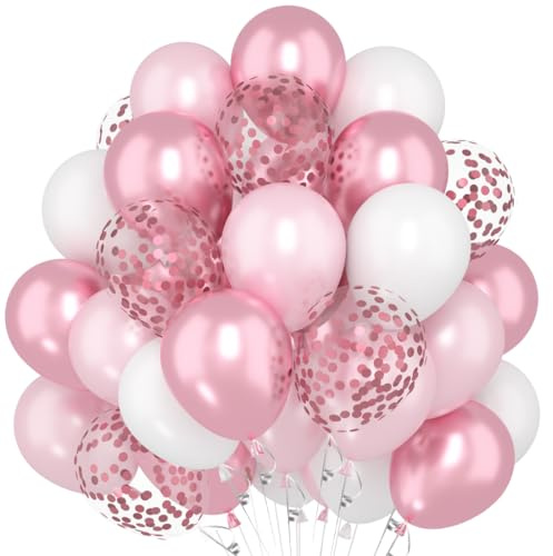 60 Stück Rosa Ballons, 12 Zoll Metallische Rosa Weiß Helium Luftballons, Pink Konfetti Latexballons für Mädchen Frauen Hochzeit Babyparty Geburtstagsdeko