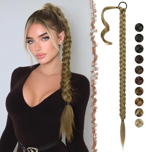 FESHFEN Geflochtener Zopf Haarteil - Braid Extensions Pferdeschwanz mit Haargummi Kunsthaar Lang Geflochten Ponytail Synthetik Haare Zöpfe zum Einflechten für Damen, 65 cm Hellbraun Mix Naturblond