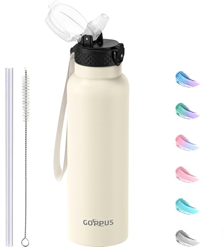 GOPPUS Borraccia in acciaio inox da 750 ml, con cannuccia, isolamento a doppia parete, con cinghia, riutilizzabile, sottovuoto, a prova di perdite, mantiene le bevande fredde, con coperchio