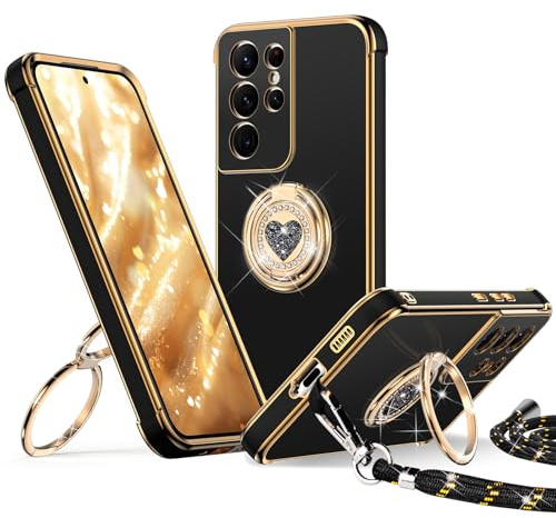 XYZ für Samsung Galaxy S21 Ultra Hülle mit Band, Schwarz | Herzen Doppelring Ständer HandyHülle, Frauen Mädchen Dünn Stoßfeste Case mit Handykette, Anti Kratzt SchutzHülle