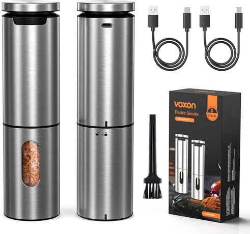 VOXON Molinillo Pimienta Eléctrico Set de 2, Salero y Pimentero con Recarga USB, 5 Niveles Ajustables, Pimentero Eléctrico Automático con Luz LED – Saleros de Cocina para BBQ y Hogar