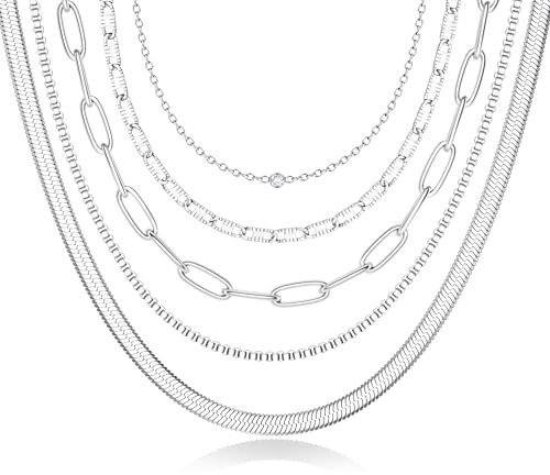 CASSIECA 5Pcs Halskette Damen Edelstahl Kette Damen Büroklammerkette Kubanische Kette Stapelbar Halskette Damen Gold/Silber/Rosegold