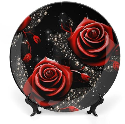 NONHAI 15,5 cm Knochenporzellan Dekoteller mit Präsentationsständer Keramik Dekoteller Rote Rosen und Sterne Keramik Ornament Teller Keramik Speiseteller Basteln Dekorative Teller für Zuhause