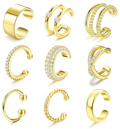 JeweBella 9Pcs Ear Cuff Set für Damen Fake Ohrringe Ohrklemme 14K Gold Earcuffs Einstellbar Ohrclips Damen Ohne Ohrlöcher Knorpel Ohrmanschette Clip Ohrringe Non Piercing Gold/Silber/Roségold/Schwarz