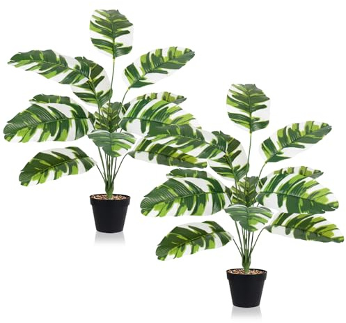 Feuilles de bananier artificielles 65 cm - Palmier tropical artificiel avec 12 feuilles - Grandes plantes artificielles comme de vraies plantes artificielles pour bureau, maison, intérieur et