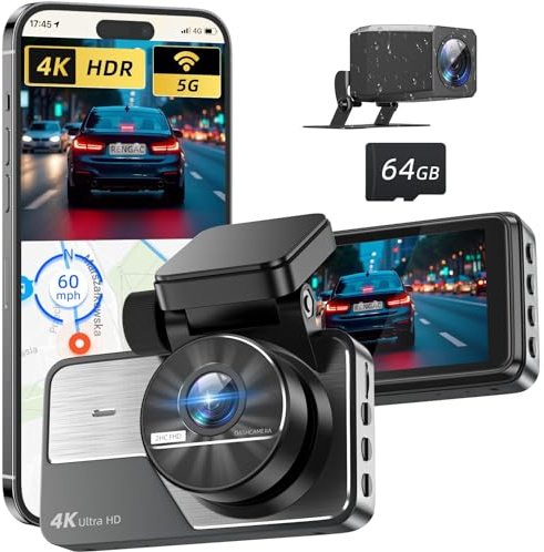 RENGAC Caméra : Double caméra Voiture 4K+2K Full HD, WiFi 5G intégré avec Carte 64GB, GPS, écran IPS 3 Pouces, Vision Nocturne UHD 2160P, contrôle par Application, HDR et Surveillance Parking 24h