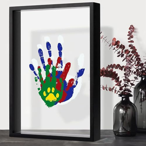 QSLKI Kit di Impronte di Mani per Famiglia, Nero, Cornice Impronta Mani e Piedi Neonati con Spazio, Kit di Impronte Delle Mani dei Membri Della Famiglia, 4 Deflettori, 6 Vernici, Stampa di Zampe