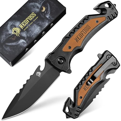 NedFoss DA169 Klappmesser, Taschenmesser mit Gurtschneider & Glasbrecher | 9.5 CM Einhandmesser mit Liner Lock & Kugellager & Flaschenöffner, Rettungsmesser für Auto, Survival Rescue messer Outdoor