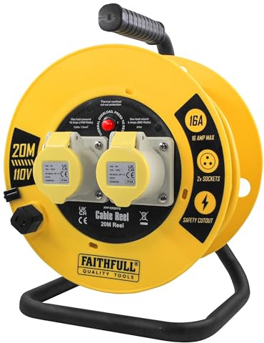 Faithfull Offene Kabeltrommel, 20 m, Verlängerungskabel mit Schutzklappen und Wickelgriff, 110 V, 16 A