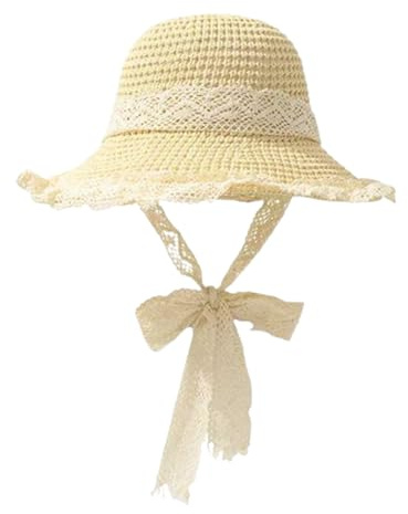 YANJIY Cappello da Spiaggia Donna Estate con Pizzo - Paglia Intrecciata Regolabile, Falda Larga Pieghevole e Protezione UV per Matrimonio Spiaggia, Vacanze, Festa Giardino, Viaggi (Beige)