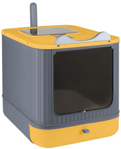 Caja de arena para gatos, estilo cajón, caja de arena para gatos con pala, bandeja extraíble, base a prueba de fugas (44,5 x 36,5 x 34,5 cm, amarillo)