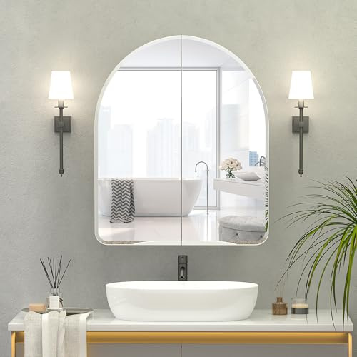 Mepplzian Bogen Badezimmerschrank mit Spiegel Randgestempelte, 2-türiger, Bogen Badezimmerspiegelschrank zur Aufputzmontage, rahmenloser Spiegelschrank für Badezimmer, weiß 60 x 70 x 13 cm