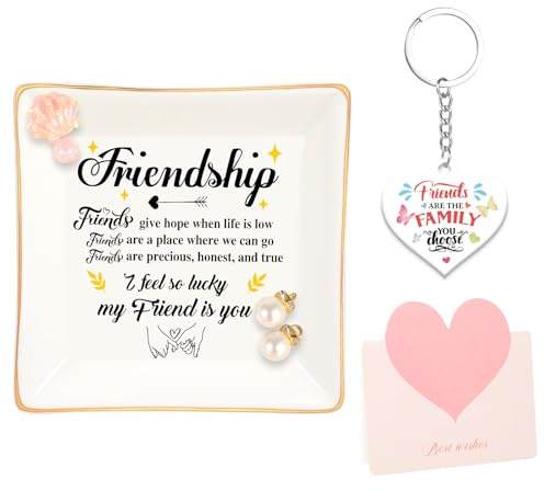 Ceramic Jewelry Tray Birthday Gifts for Friend, Friendship Gifts Trinket Dish with Keychain Greeting Card, To Best Friends Sisters Ring Tray for Earrings Necklaces Bracelet Watch Keys, Birthday Gift