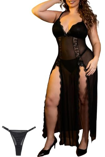 ohyeahlady Vestiti Estivi Donna con Pizzo Lunghi Taglie Forti Abito Lungo Pizzo a Rete da Festa Vestito Estivo Curvy Elasticizzato Cocktail Camicia da Notte Senza Maniche Pigiama Sleepwear Nero,XXL
