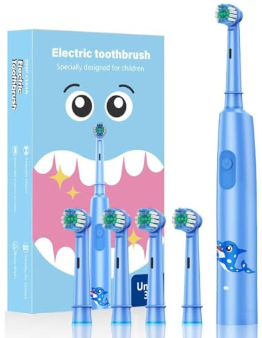 Spazzolini elettrici bambini 6-12 anni, spazzolino elettrico ricaricabile con timer, 3 modalità, impermeabile lPX7 con testina a 4 setole morbide (blu)