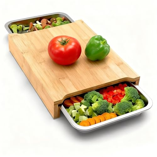 Planche à découper en bambou avec 2 plateaux coulissants en acier inoxydable pour la préparation des aliments, de la viande, des légumes