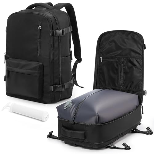 VGCUB Mochila Viaje Cabina Al Vacio con Bomba Manual Mochilas de Viaje para Avion Impermeables Hombre Mujer Bolsas Sistema de Compresión Al Vacío Vacuum Airbag Travel Backpack Negro