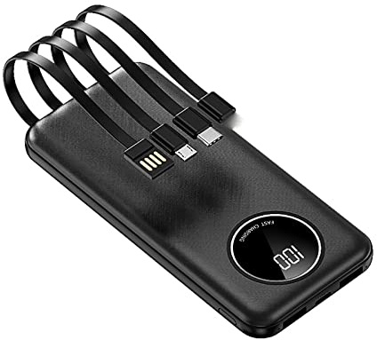 Power Bank 30000mAh Cable Incorporado Powerbank con 5 Salidas Paquete de baterías externas de Alta Capacidad para teléfono Inteligente 5V 2.1A Carga rápida, Negro, 147 * 69cm