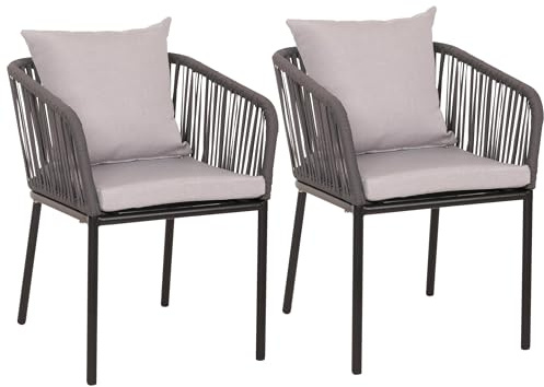 PROREGAL 2er-Set Gartenstuhl HxBxT 75x55x55cm Sitzhöhe 48cm wetterfest Aluminium Seilgeflecht Rope Anthrazit Kissen Grau Outdoor Armlehne