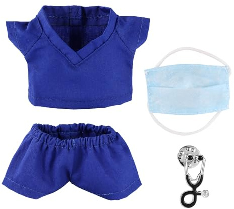 Plüschpuppen Arzt Outfit Set, Dunkelblaues Op Outfit-Set Einschließlich Oberteil Hose Stethoskop und Gesichtsmaske Lustige Puppenkleidungs Accessoires zum Anziehen und Präsentieren