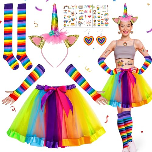 Regenbogen Kostüm Damen,6er Einhorn Kostüm Damen,Einhorn kostüm Erwachsene,Tüllrock Regenbogen Dame,Horn Stirnband,Regenbogen Tutu Rock,Kniestrümpfe,Ohrringe,Tattoo-Aufklebe,Handschuhe,für Karneval