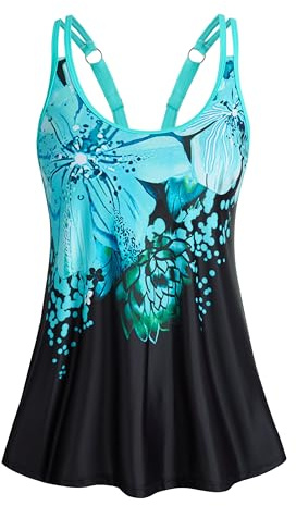 Women's Tankini Top Push Up Flattering Swimsuits Ruffle Cute Bathing Suit Tops Built in Bra Blue Floral Medium