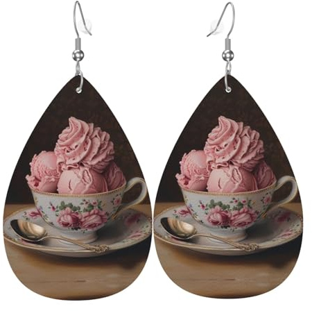 GGNKDL Ice cream in a teacup Prints Water droplet pendant earrings and leather earrings, suitable as holiday birthday gifts for women