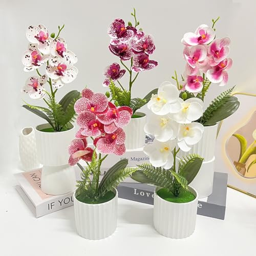 Xiyocadt 5 Stück Orchideen Künstlich im Topf,Kunstblumen Orchideen Wie Echt,e Künstliche Phalaenopsis Bonsai,Kunstpflanze Dekoblume, für Heimbüro Hoteldekoration, Tischdekoration