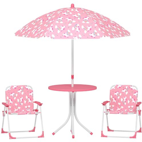 AIYAPLAY Kids Patio Table and Chair Set with 2 Chairs for Garden Pink | Kids Garden Furniture, Folding Chairs, Removable Umbrella, Unicorn Theme, Portable 4-Piece Bistro Set
