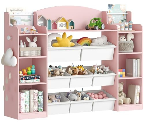 Hzuaneri Spielzeugregal, Kinder Bücherregal, 8 Boxen, 30x140x104 cm, Rosa | Bücherregal, Aus Holz, mit 8 Stoffboxen, für Kinderzimmer, Wohnzimmer, Arbeitszimmer, KB43030W