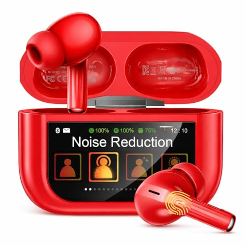 ZZU Écouteurs sans fil avec Bluetooth 5.4, écran tactile intelligent, suppression du bruit ENC, 48 heures d'autonomie, HiFi stéréo, 5 modes EQ, pour iPhone et Android, rouge
