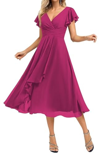 WISIYLE DSJC169 - Vestido de dama de honor de gasa con cuello en V para mujer, manga corta, acampanado, plisado, para invitada de boda, fucsia, 56