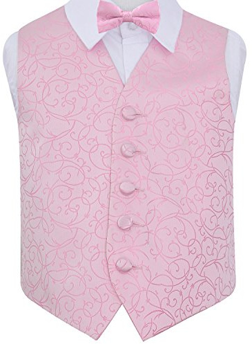 DQT Boys Swirl Jacquard Waistcoat & Pre-Tied Bow Tie Set (2pc) - Wedding Pageboy Formal Vest - Baby Pink 9-10 Years 30