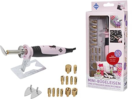 Pebaro Mini järn och strassflaska i ett, med 14 tillbehör för designarbete med tyg och strass, perfekt för gör-det-själv-hantverk.