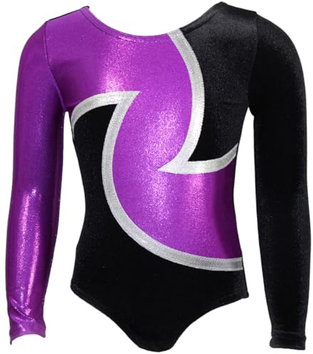 GymStern Turnanzug 1001 Nacht – Mädchen Langarm Gymnastikanzug | Gymnastik-Trikot/Turnbody aus Samt für Turnen & Gymnastik mit Rundhalsausschnitt – Made in Germany - SCHWARZ-ZYKLAME-WEIß - 110/116