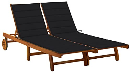 QZZCED Lettino da giardino in legno massello di acacia con cuscino, schienale regolabile e 2 ruote per piscina, balcone o patio - Sedia reclinabile esterna robusta e stabile per riposo