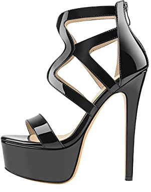 Only maker Sandales à plateforme pour femme - Sandales à lanières - Talon aiguille - Talons hauts, Noir métallisé., 40 EU