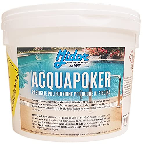 Cloro Pastiglie piscina Multifunzione 4 in 1, 5kg, Cloro, Alghicida, Flocculante e Correttore PH acqua piscine - ACQUAPOKER