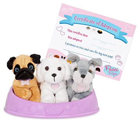 Pucci Pals Adopt-A-Pup Plüschwelpen mit Hundebett und Urkunde, Thema 2 | 3 Plüschwelpen: Mops, Malteser und Schnauzer mit Hundebett, Adoptionsurkunde und Namensetiketten, Thema 2, 2+ Jahre