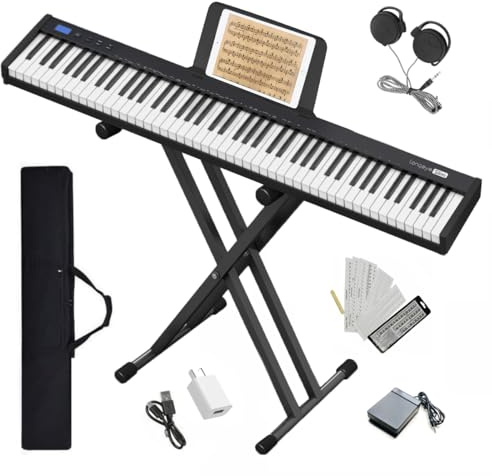 Longeye - Clavier de piano numérique compact à 88 touches pour débutants avec touches semi-lestées pleine taille, pédale de sustain, casque, étui de transport (88 touches avec support,