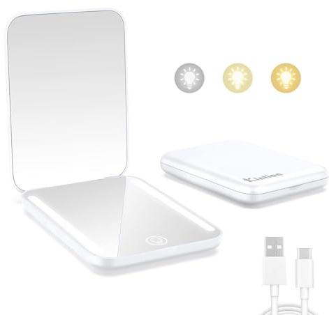 Kintion Wiederaufladbarer Taschenspiegel, LED Kompakt Reise Spiegel,Weiß | 1X/3X Tragbarer Kompaktspiegel, 3 Farbtemperaturen, Touchscreen Dimmbar, Kleine Handtaschenspiegel, für Frauen als Geschenk