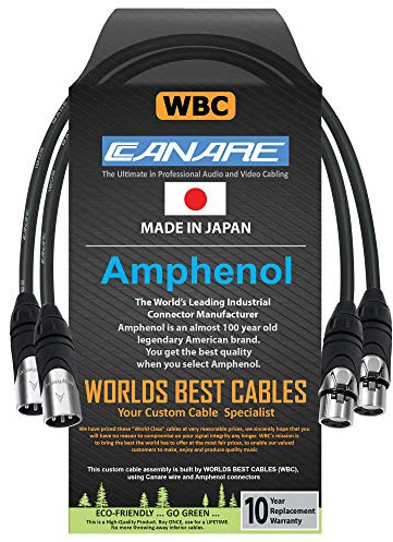 WORLDS BEST CABLES 2 Units - 0.3 Meter - Canare L-4E6S, Star Quad Balanced Male to Female Microphone Cables with Amphenol AX3M & AX3F Silver XLR Connectors - Custom Made