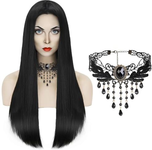 Perücke Frauen Schwarz Lang, Gerade Schwarze Perücke, Gotische Halskette, Kostüm Accessoires,Perücke Hexe für Cosplay, Halloween, Karneval und Themenpartys