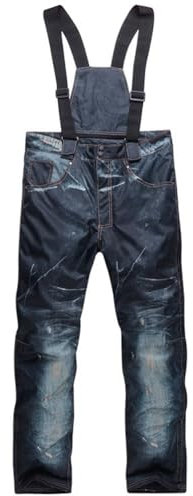 YuanDiann Skihose Denim Jeans Herren Damen Wandern Trekking Outdoor Winter Snowboarden Wasserdicht Winddicht Funktionshosen mit Warmer Baumwollfüllung und Abnehmbarem Riemen Dunkelblau XL