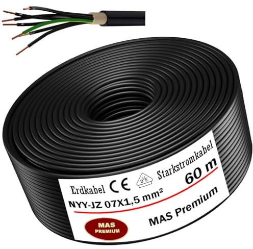 MAS Premium Erdkabel Starkstromkabel 5-100m NYY-JZ 7X1,5, 2,5 oder 4 Elektrokabel Ring zur Verlegung im Freien, Erdreich (NYY-JZ 7X1,5 mm², 60m)