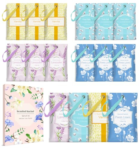 SCENTORINI Duftsäckchen, Baumwolle, Leinen, Lavendel, Vanille Duftsachets für Schubladen, Schränke, Autos, Raumduft, Beseitigung von Gerüchen, 16