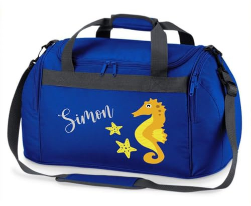 minimutz Sporttasche Schwimmen für Kinder - Personalisierbar mit Name - Schwimmtasche Seepferdchen Duffle Bag für Mädchen und Jungen (Royalblau)