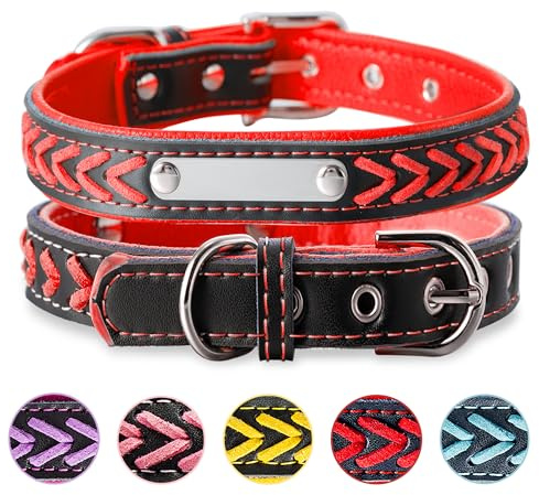 Buruslove Geflochtenes Leder Hundehalsband mit Gravur – Personalisiertes Halsband in Rot mit Namensschild, verstellbar und weich, für mittlere Hunde, Größe M